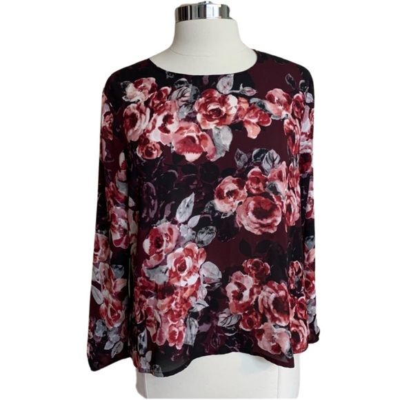cupcakes & cashmere Tops - CUPCAKES AND CASHMERE Blouse Floral Top Large Burgundy Wine